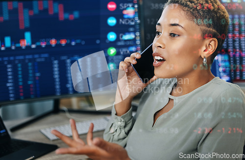 Image of Business woman, phone call and broker consulting stock market trends, advice or discussion at office. Female person or financial advisor talking on mobile smartphone in conversation or finance growth