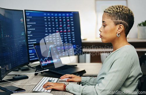 Image of Laptop, stock exchange and business woman analysis of company equity data, trade accounting analytics or crypto insight. Economy, value metrics and profile of professional broker review finance stats