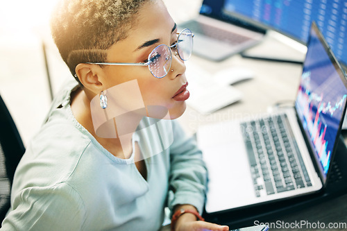 Image of Computer, stock trade and professional woman reading fintech company metrics, IPO investment value or crypto equity. Accounting, market audit and business broker, NFT investor or trader monitor stats