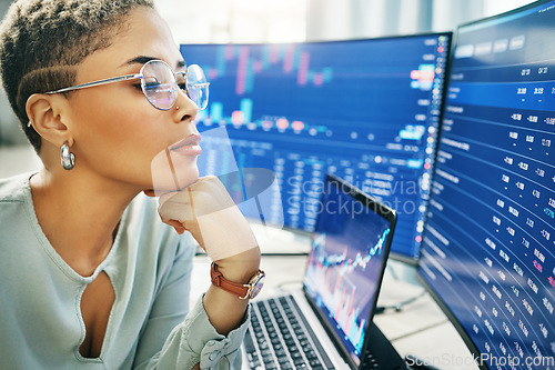 Image of Business woman, laptop and thinking on stock market in fintech, trading or online finance at office. Female person, broker or financial investor looking at cryptocurrency or exchange on computer