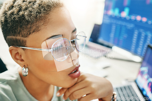 Image of Computer, investment and face of business woman reading IPO analytics, financial bank numbers or accounting info. Trade investor, administration data analysis and corporate person monitor statistics