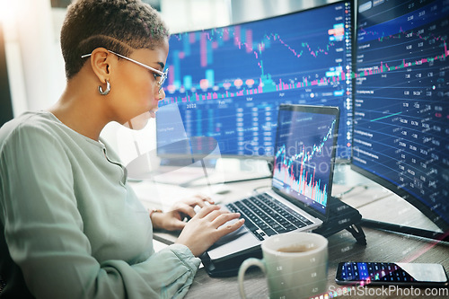 Image of Laptop, investment graphs and business woman analysis, scroll or reading accounting value, info or stocks trade. Equity price, financial admin data and profile of investor review NFT exchange stats