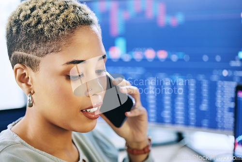 Image of Business woman, phone call and stock market in consulting, trading discussion or online finance at office. Female person, broker or financial advisor talking on mobile smartphone for advice or help