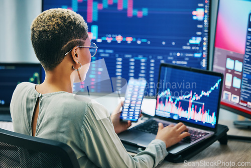 Image of Business woman, phone and laptop on stock market in fintech, trading or online finance at office. Female person, broker or financial advisor on mobile smartphone or computer for profit, app or growth