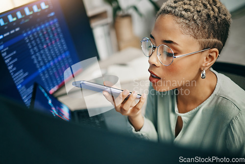 Image of Computer, speaker phone call or business woman on stock market discussion, consultation or crypto advice. Cellphone voice note, corporate face or trading advisor consulting on financial data analysis