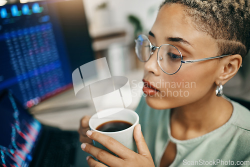 Image of Computer, coffee and professional woman with stock market analysis, crypto audit or monitor equity info, stats or insight. Espresso mug, corporate face or investor reading online financial assessment