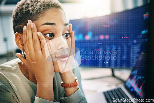 Image of Business woman, stress and shocked for stock market crash, trading mistake and bankruptcy on computer. African trader with statistics, data analytics error and cryptocurrency crisis or financial fail
