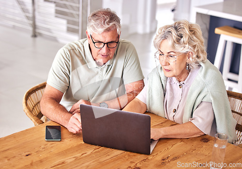 Image of Senior couple, laptop and search in home for online shopping, banking and planning insurance for retirement. Old man, elderly woman and typing on computer for financial investment, budget and network