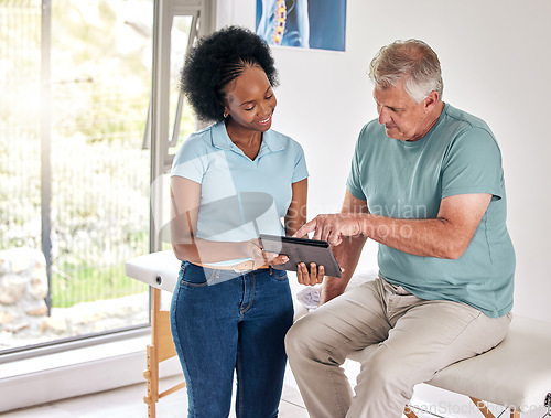 Image of Senior man, physiotherapist and tablet for consultation, healthcare and rehabilitation. Chiropractor on technology for physical therapy of patient, happy black woman and recovery, healing or help