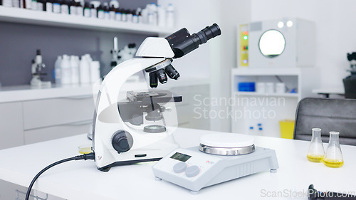 Image of Backgrounds, science scale and microscope in laboratory for innovation, medical research or investigation of dna, particles or medicine. Biotechnology tools, chemistry or empty for health development