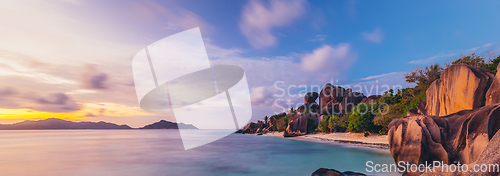 Image of Dramatic sunset at Anse Source d'Argent beach, La Digue island, Seychelles