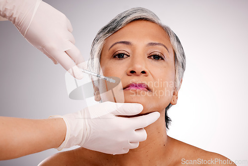 Image of Plastic surgery hands, woman and injection portrait for facial cosmetics, aesthetic change or medical consultation. Studio PRP, salon face filler and mature patient transformation on white background