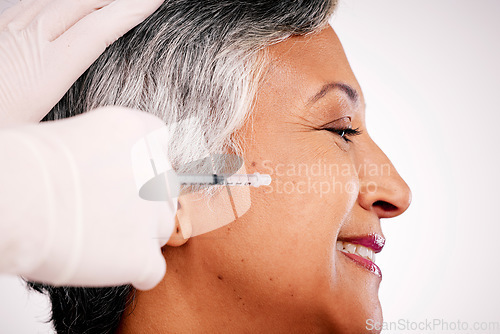 Image of Plastic surgery hands, woman face and happy needle injection for profile augmentation, hyaluronic acid or medical wellness. Spa studio, cosmetics profile and patient PRP service on white background