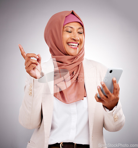 Image of Phone, muslim and woman with smile in studio for social media scroll, internet post or mobile app on gray background. Smartphone, islam and person with happiness for technology, digital web or joy