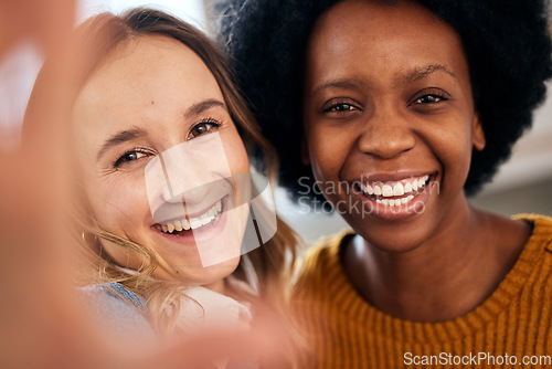 Image of Selfie, couple and smile with love, commitment and connection with social media, bonding or marriage. Portrait, girls or queer people with blog post, lgbtq or network with care, trust or relationship