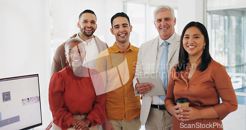 Image of Portrait, collaboration or management and a business team in the office with a mindset of growth. Smile, leadership and diversity with a happy employee group in the workplace together for teamwork