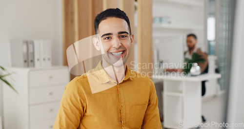 Image of Portrait, happy and business man in office, startup company or workplace for career or job. Face, creative designer and smile of professional worker, employee and confident entrepreneur coworking