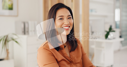 Image of Portrait, happy and business woman in office, startup company and workplace for career or job. Face, creative designer and smile of Asian professional worker, employee and entrepreneur in Cambodia