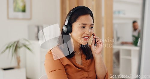 Image of Call center, asian woman and communication at computer in office of CRM questions, FAQ contact or IT support. Telemarketing agent at desktop for sales advisory, telecom solution or consulting service