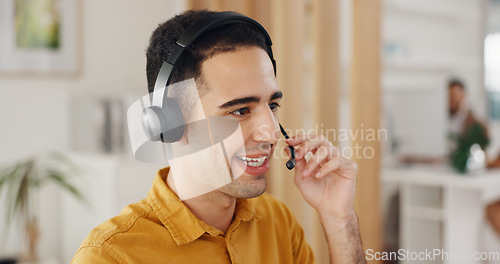 Image of Call center, communication and face of man with microphone in office for CRM questions, FAQ contact and IT support. Telemarketing agent, salesman and online advisory to offer help of telecom solution