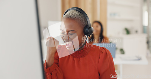 Image of Winner, success and target with a black woman in a call center for customer service or support. Wow, motivation and celebration with a young employee consulting in a crm or telemarketing office