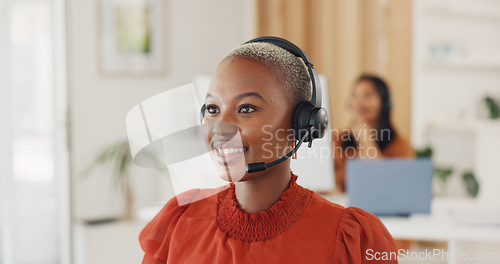 Image of Call center, black woman and online consulting in office for CRM questions, FAQ contact and IT support. Happy telemarketing agent at computer for sales advisory, telecom solution or offer client help