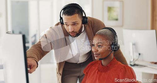 Image of Customer service, manager training black woman at computer and call center agent internship in office. Coaching, learning and crm team, man with telemarketing consultant at desk and help with sales.