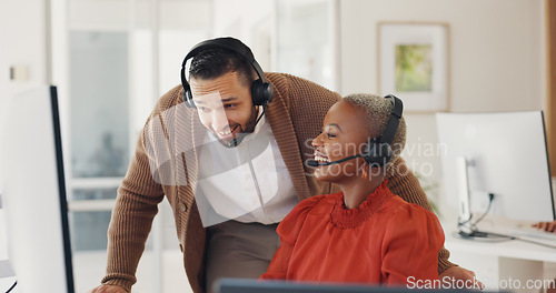 Image of Customer service, happy man training black woman at computer and call center agent internship in office. Coaching, learning and team, manager with telemarketing consultant at desk and help with sales