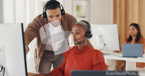 Image of Call center, manager training black woman at computer and internship for customer service agent in office. Coaching, learning and team, man with telemarketing consultant at desk and help with sales.