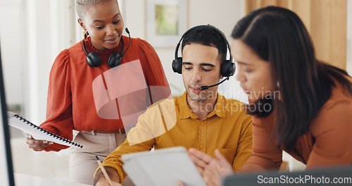 Image of Documents, call center or telemarketing team training with sales consultants for customer support. Diversity, teamwork or woman teaching in conversation for crm management, coaching or education