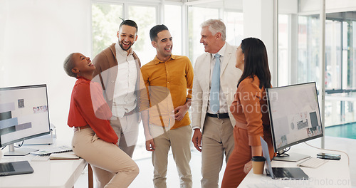 Image of Group, happy business people in office and conversation with pride, sales revenue goals or growth. Diversity, team work or employees with motivation, mission or our vision for project planning