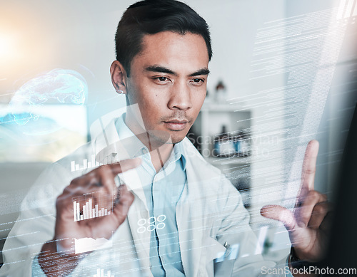 Image of Graphic screen, planning and a doctor with research on the brain, neurology or futuristic data. Serious, healthcare and an Asian surgeon with inspection or reading information on a virtual dashboard