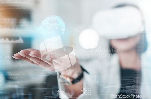 Image of Virtual reality, overlay and hands of scientist in laboratory with globe, digital transformation and medical research on hologram. Woman, global network and futuristic vr with web innovation for work