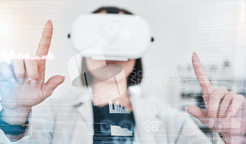 Image of Virtual reality, overlay and hands of scientist in laboratory for digital transformation and medical research on hologram. Woman, tech growth in science and futuristic vr with web innovation for work