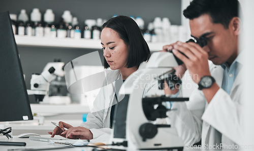 Image of Science, team in research and man with microscope in laboratory, data for drugs or medical innovation. Healthcare, biotech lab analytics and medicine, scientist collaboration in pharmaceutical study.