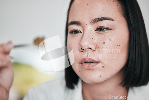 Image of Science, sample and Asian woman in laboratory for research, medical analysis and study. Healthcare, pharmaceutical and scientist with plant specimen for testing, innovation and medicine development