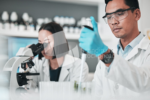 Image of Science, collaboration and experiment with a team in a lab for research or innovation in medicine. Teamwork, investigation or breakthrough with scientist colleagues working in a medical laboratory