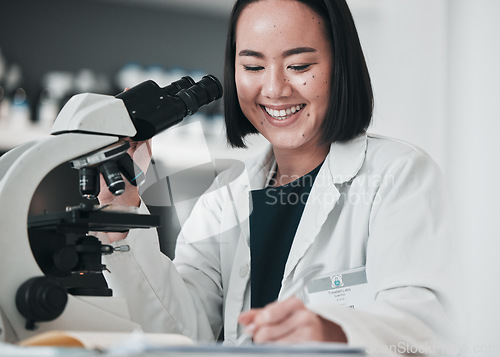 Image of Microscope, happy woman and writing research in laboratory for science development, dna analysis and notes. Asian scientist, biotechnology and lens for medical investigation, test report and results