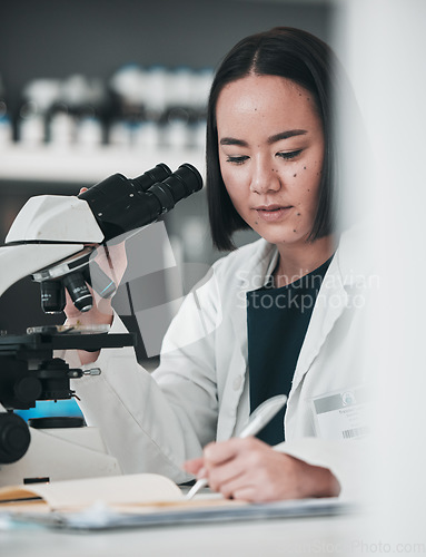Image of Microscope, asian woman and writing in laboratory for science development, planning analysis and research notes. Scientist, biotechnology and lens to review investigation, test report and dna results