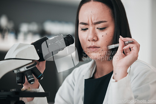 Image of Microscope, scientist and stress of woman in laboratory, research challenge or angry. Science, medical professional and frustrated Asian person fail in experiment test, tired or mistake in healthcare