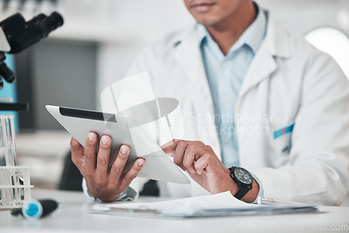 Image of Man, hands and tablet in science laboratory for chemistry development, research and medical software for investigation. Closeup of scientist, digital analysis and test for biotechnology report online