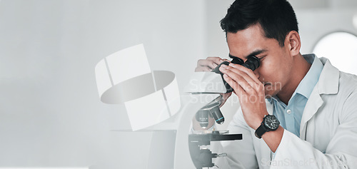 Image of Microscope, science and banner of man in laboratory for research, analysis and studying genes, particles or dna. Scientist, biotechnology and check lens to review investigation, test and mockup space