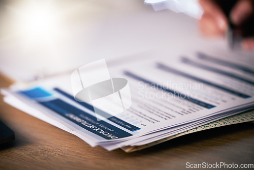 Image of Person, hands and writing on divorce documents, application or information on table or office desk. Closeup of partner signing legal paperwork, marriage contract or filling form for agreement or deal