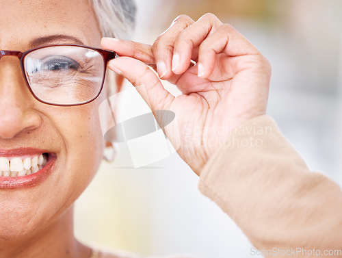 Image of Glasses, senior woman and portrait of a happy customer shopping for vision lens, eye care or frame. Face closeup, smile or mature person for decision on optometry product choice for eyes or wellness