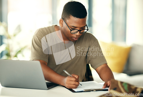 Image of Budget, planning and black man with remote work with paperwork for accounting, finance or strategy. Entrepreneurship, house and African entrepreneur or freelance worker with a document for investment