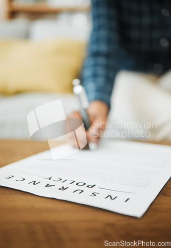 Image of Contract, signature and hand with insurance, policy and woman with legal agreement for life, healthcare or home security. Person, sign and writing with pen on paper, document or notary of commitment