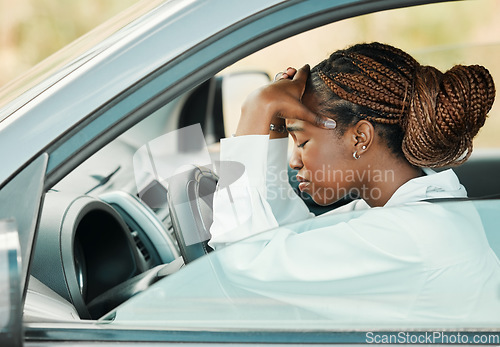 Image of Black woman, car problem or headache stress on road for auto repair service insurance to travel. Anxiety, stuck transport or depressed driver frustrated by engine in accident or emergency crisis