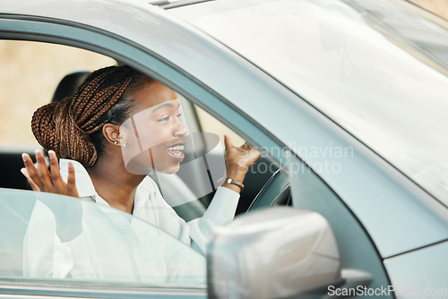 Image of Frustrated, car or black woman on road in traffic jam on commute journey with stress, anxiety or worry. Travel, stuck or late driver in motor vehicle transportation screaming for attention or driving