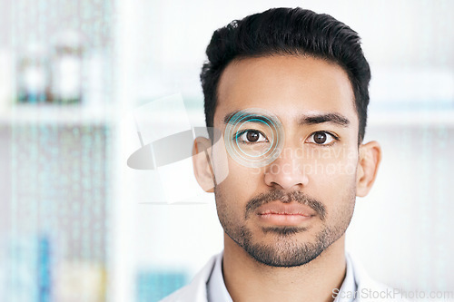 Image of Face, eye and man with hologram, futuristic and network with technology, cyber security and facial scan. Portrait, person and employee with ai for retina, future and holographic with analytics or app