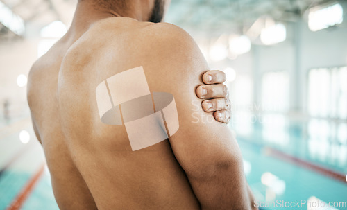 Image of Shoulder injury, swimming and sports person problem, workout mistake or training fatigue, tired or burnout risk. Joint pain, medical emergency and back of swimmer massage muscle, strain or arm bruise